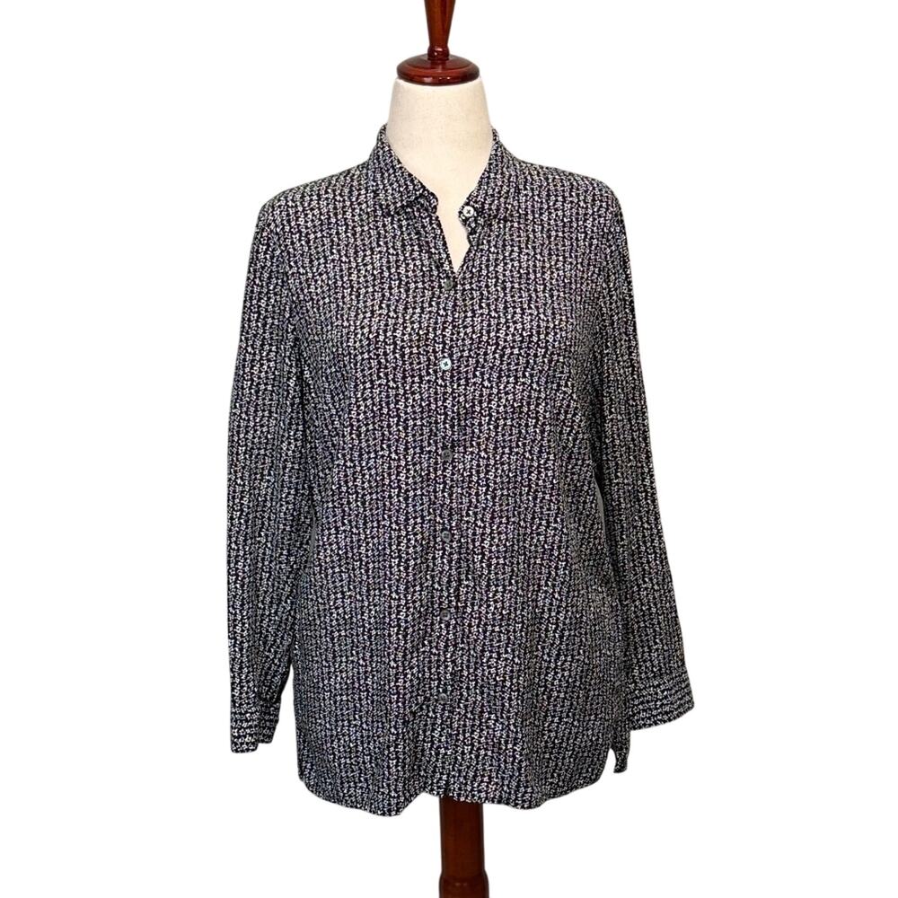J. Jill blouse black & white patterned button up long sleeve collared shirt Sz M